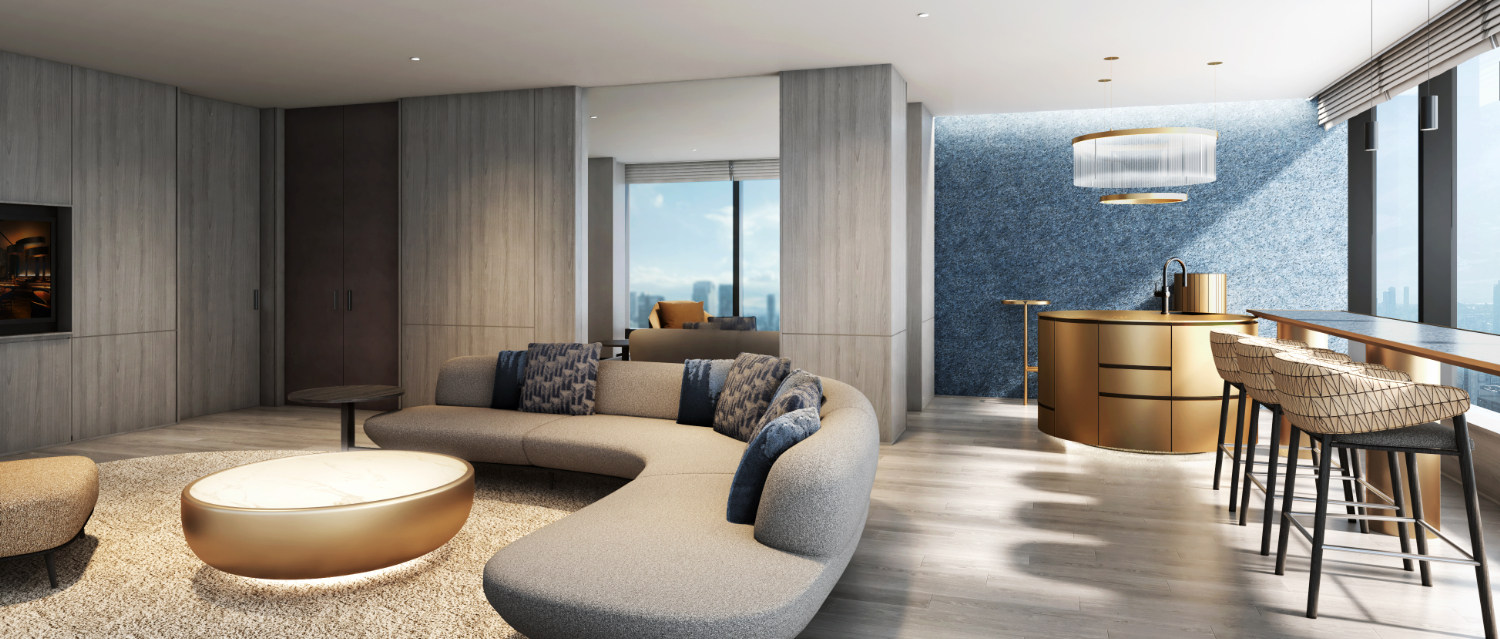 限定のスイートルーム「ザ・ゲート」（2室）。地上100m超の25階にあり、広さは108～112m<span class="em sup">2</span>