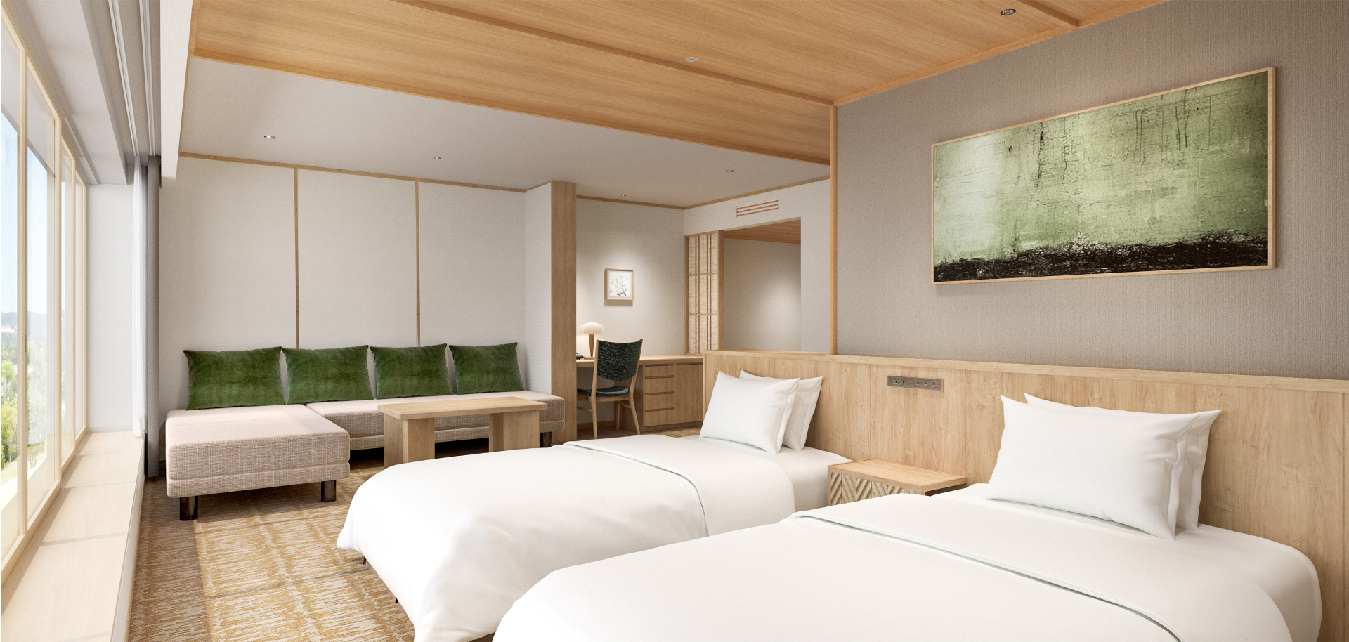 既存ホテルの和室12室は、木の温もりと自然を感じるグリーンが基調の「（仮）エグゼクティブ」（46.8m<span class="em sup">2</span>）に改装