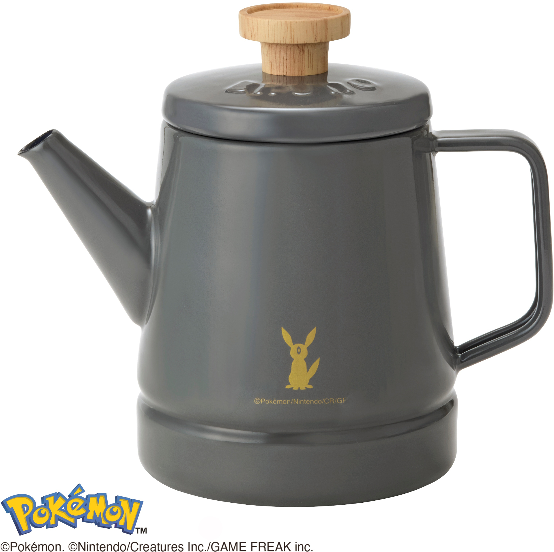 「イーブイフレンズ ホーローケトル1.6L」（6380円）。対応熱源は直火、IH、シーズ、ハロゲン、ラジエント、エンクロヒーター