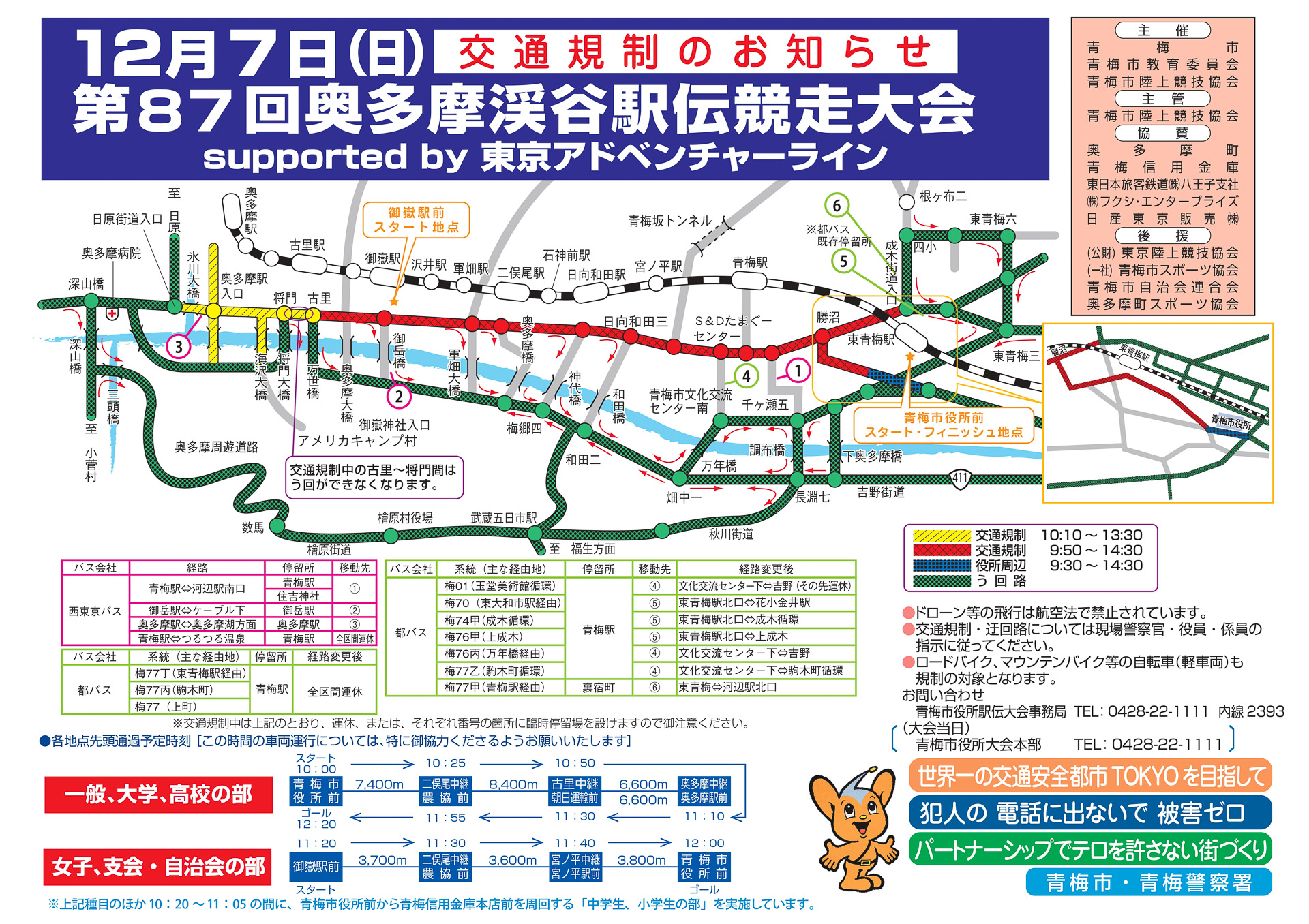 「第87回奥多摩渓谷駅伝競走大会」の交通規制図（※クリックで拡大）