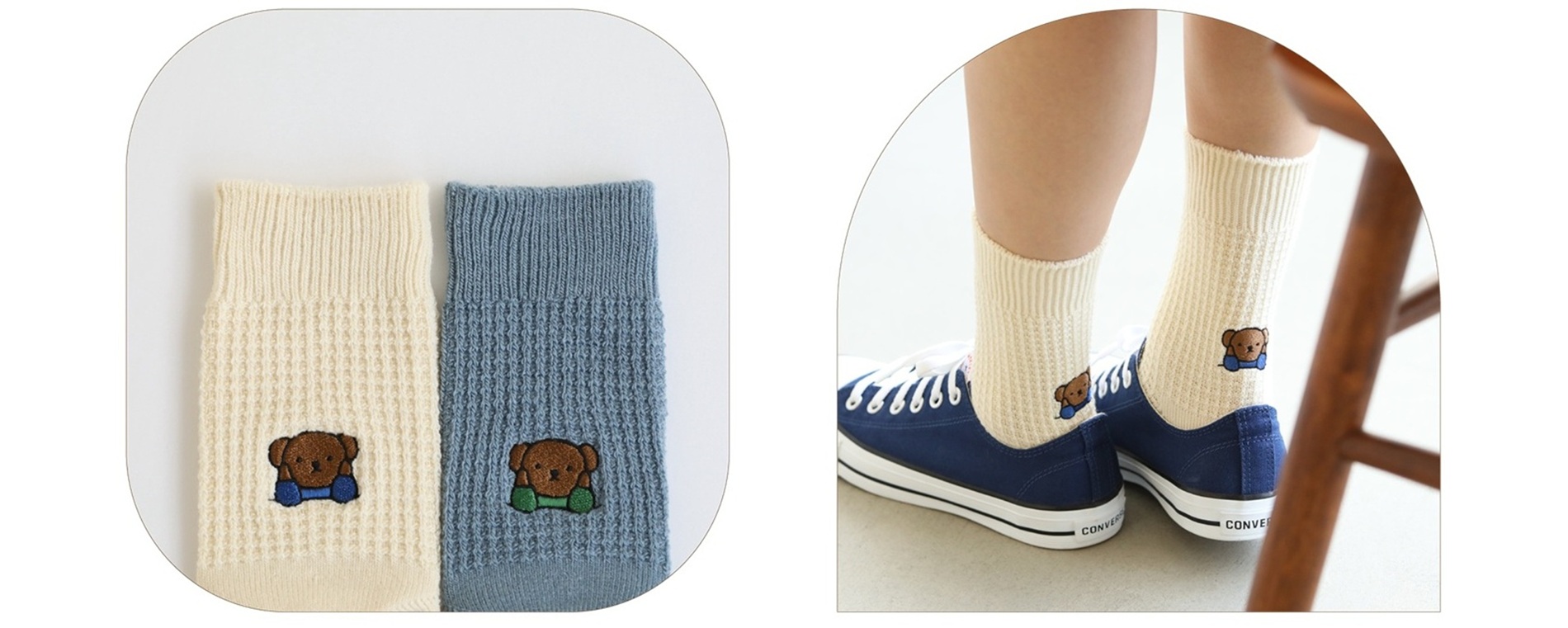 初登場のボリスが頬杖をつく「ボリスワッフル刺繍ソックス」。カラー展開はキナリとダルサックスの2種類で、価格は1870円