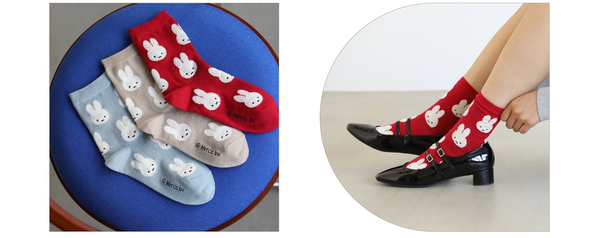 顔部分にモール糸を使用した「ミッフィーモール総柄ソックス」。カラー展開はベージュ、モカ、ミントの3種類（ミントはオンラインストア限定）で、価格は1760円