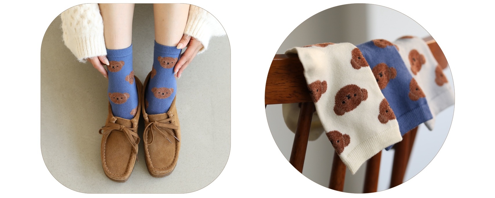 「ボリスモール総柄ソックス」。カラー展開はキナリ、ターコイズブルー、シルバーグレーの3種類（シルバーグレーはオンラインストア限定）で、価格は1760円