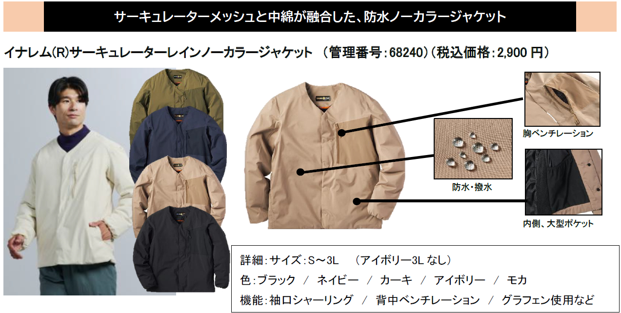中綿入りでノーカラーデザインの防水ジャケット「イナレム サーキュレーター レインノーカラージャケット」（2900円）