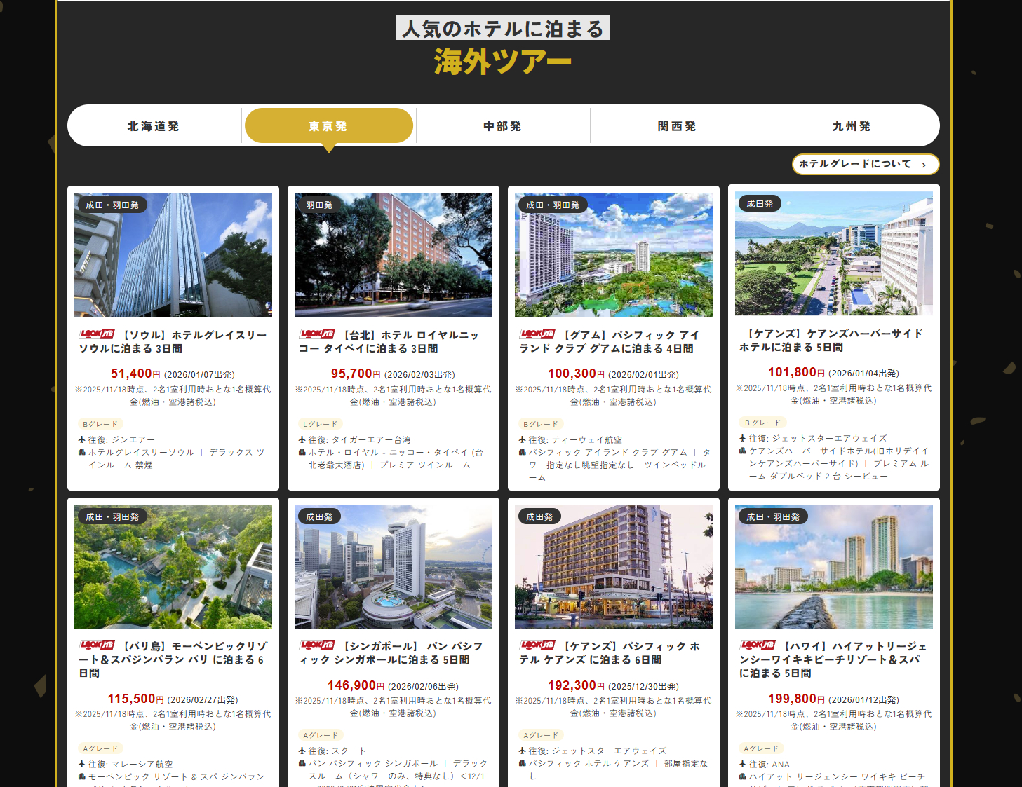 人気ホテルに泊まる海外ツアー（東京発）の一例