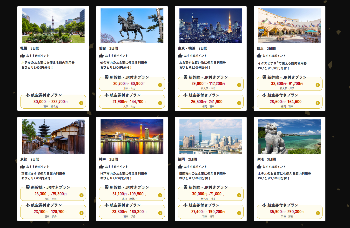 国内ツアーでは、ホテルの館内利用券や現地食事施設で使える最大5000円分の食事券が付いたプランを販売