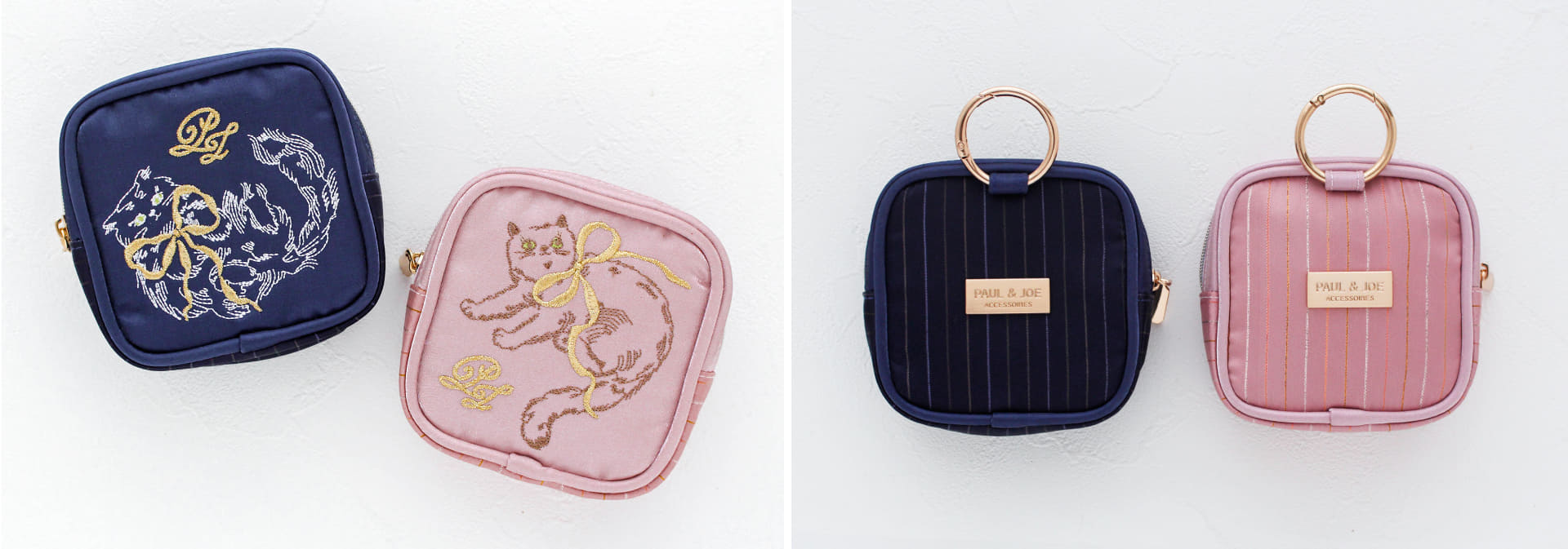 「PAUL＆JOE ACCESSOIRES ポーチ付きエコバッグ」（各5500円）。カラーはネイビー（ジプシー）とピンク（ヌネット）の2色で、バッグは約29×27×12cm、ポーチは約10×10×3.5cm