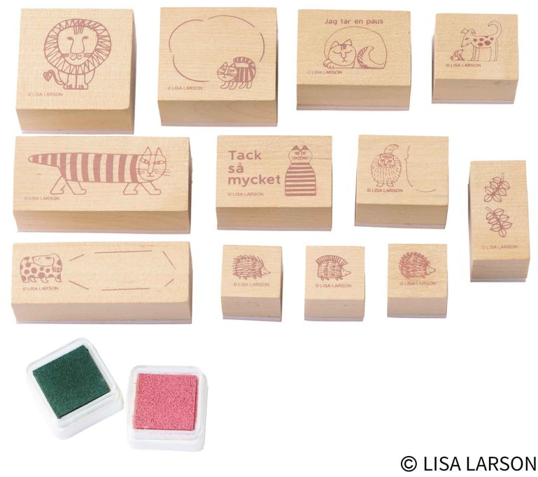 やさしいくすみピンクの“ブリキ缶ケース”はお洒落な総柄。スタンプ12個とインク2個がちょうど収まるサイズになっている