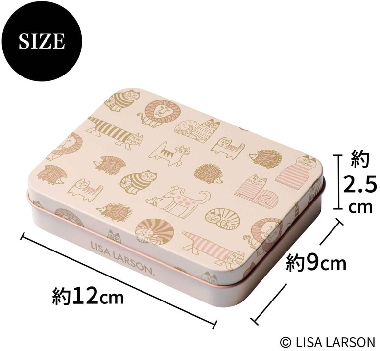 やさしいくすみピンクの“ブリキ缶ケース”はお洒落な総柄。スタンプ12個とインク2個がちょうど収まるサイズになっている