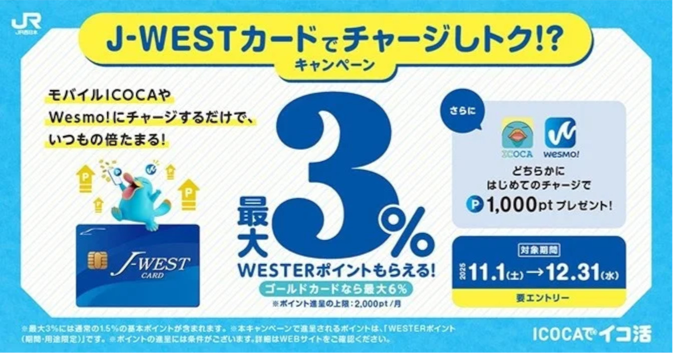 J-WESTカードを利用してチャージまたは定期券を購入するとWESTERポイントが2倍貯まるキャンペーンは12月31日まで