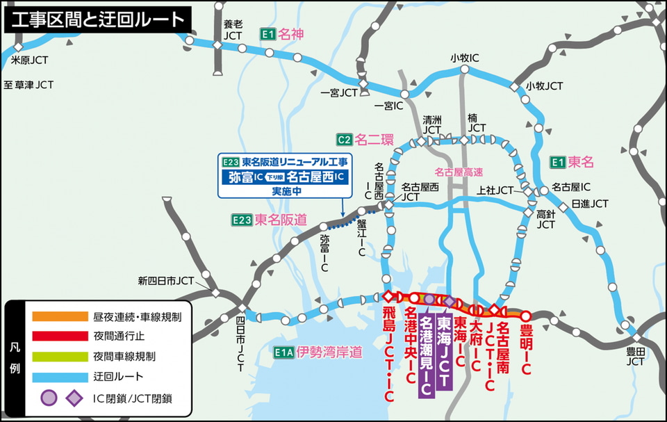 伊勢湾岸道 上り東海JCT～飛島JCT・下り豊明IC～飛島ICで集中工事