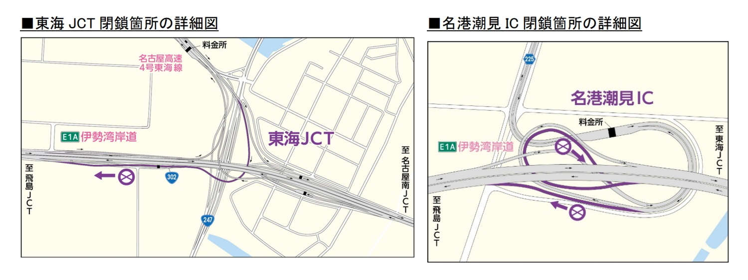 東海JCT・名港潮見ICの昼夜連続封鎖箇所