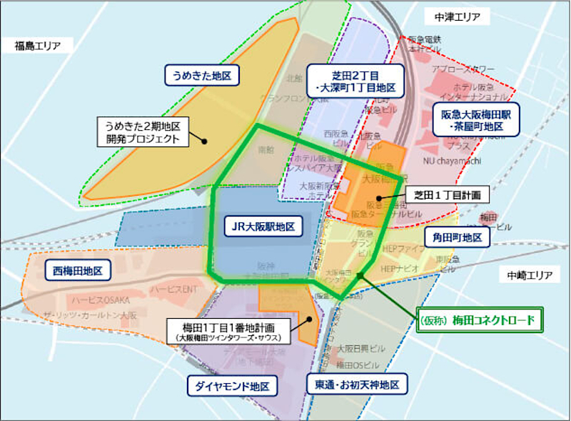梅田ビジョン3大主要プロジェクト（うめきた2期地区開発プロジェクト、梅田1丁目1番地計画、芝田1丁目計画）の位置図