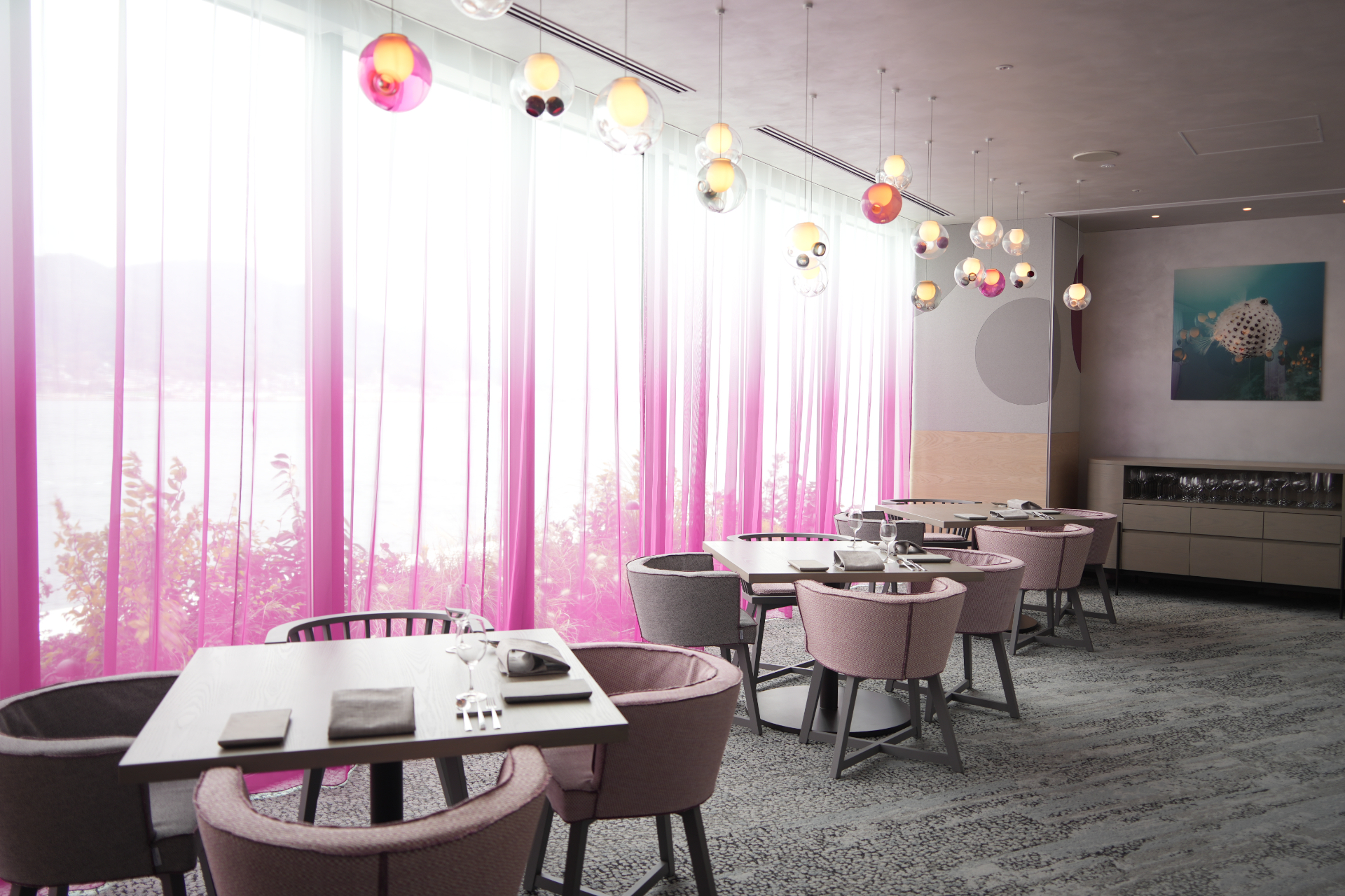 深海をイメージした「OTTO SETTE SHIMONOSEKI」の店内