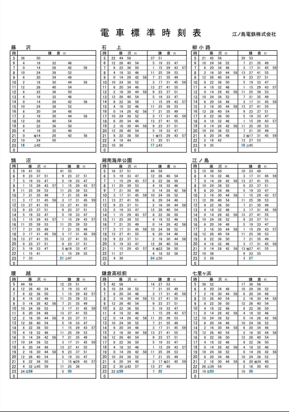 各駅時刻表（ダイヤ改正後）。赤字は増発、青字は行先または時刻変更