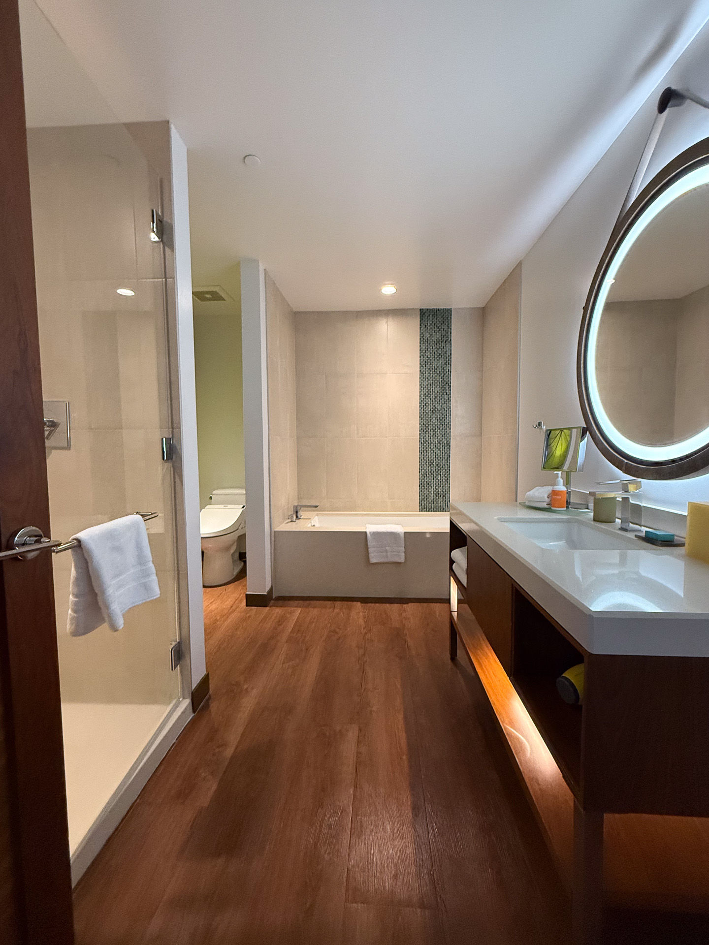 水まわりの全景。左がシャワーブース、右が洗面台、中央奥に浴槽、その左にトイレという配置