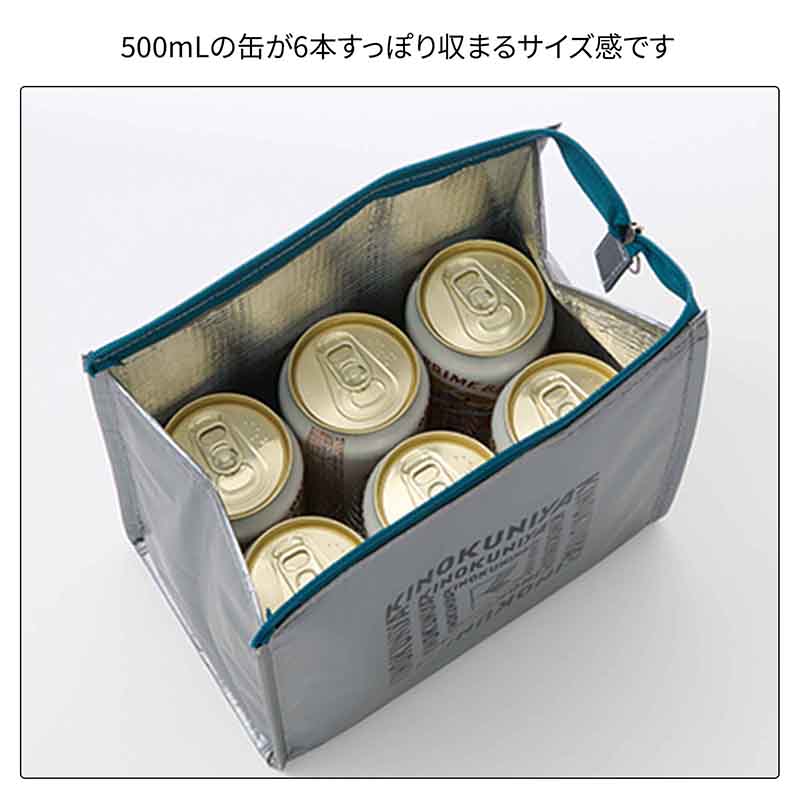 保冷・保温ポーチは500mLの缶が6本すっぽり収まるサイズ感で、約21.5×12×21.5cm（幅×奥行き×高さ）