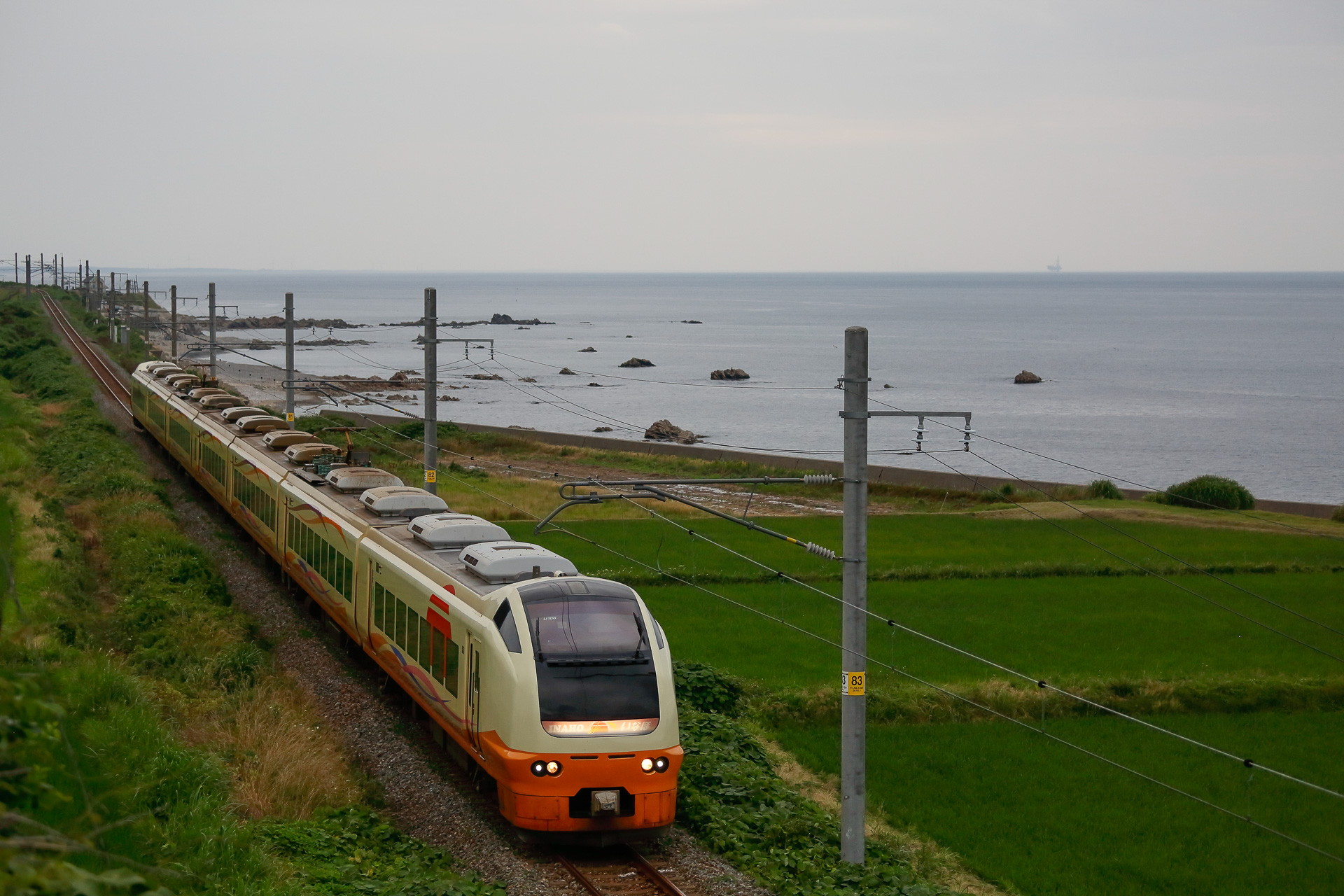 E653系1000番代。手前側の先頭車がグリーン車になっている