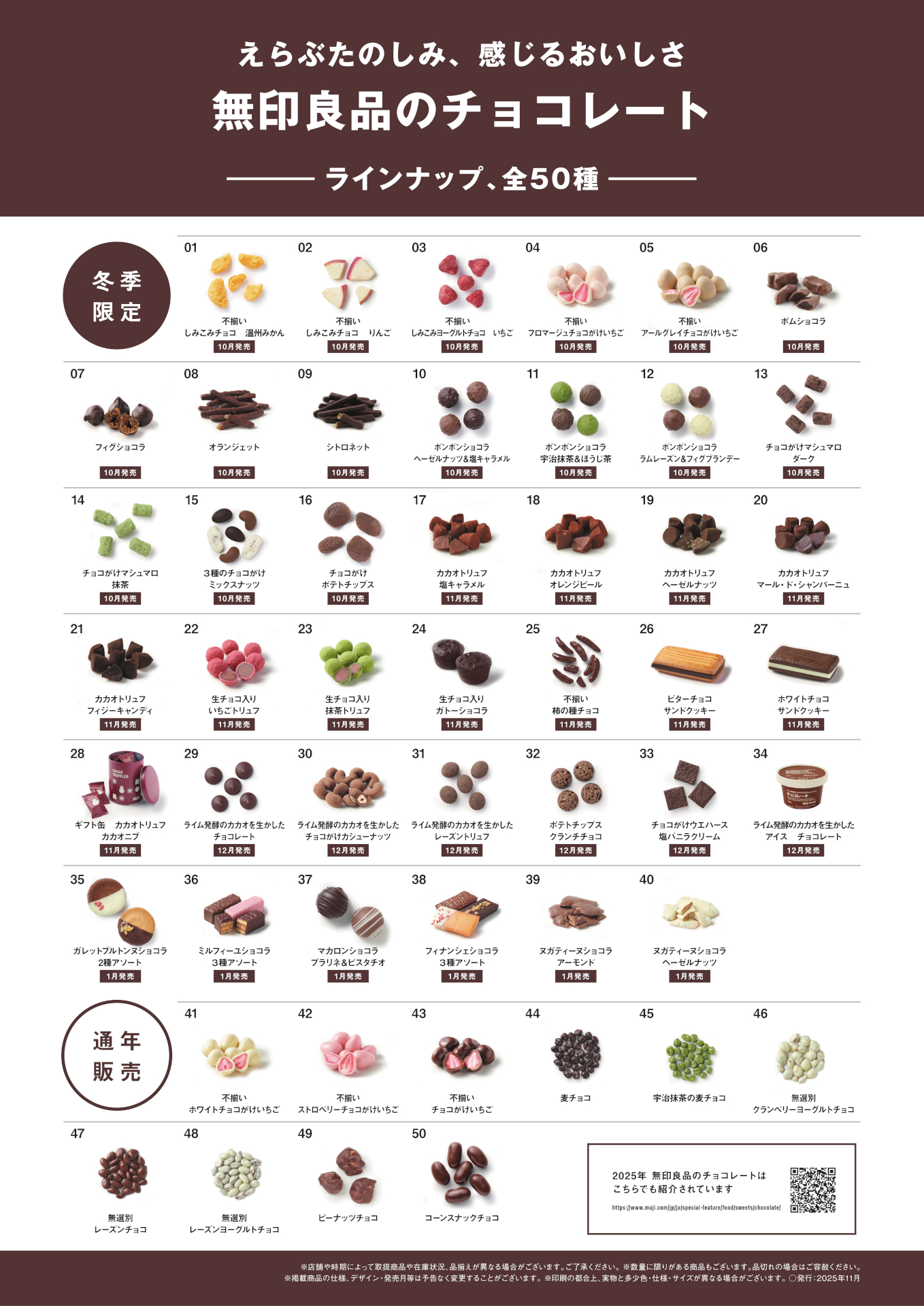 無印良品のチョコレート（50種類）一覧 ※画像を開いてからクリックで拡大