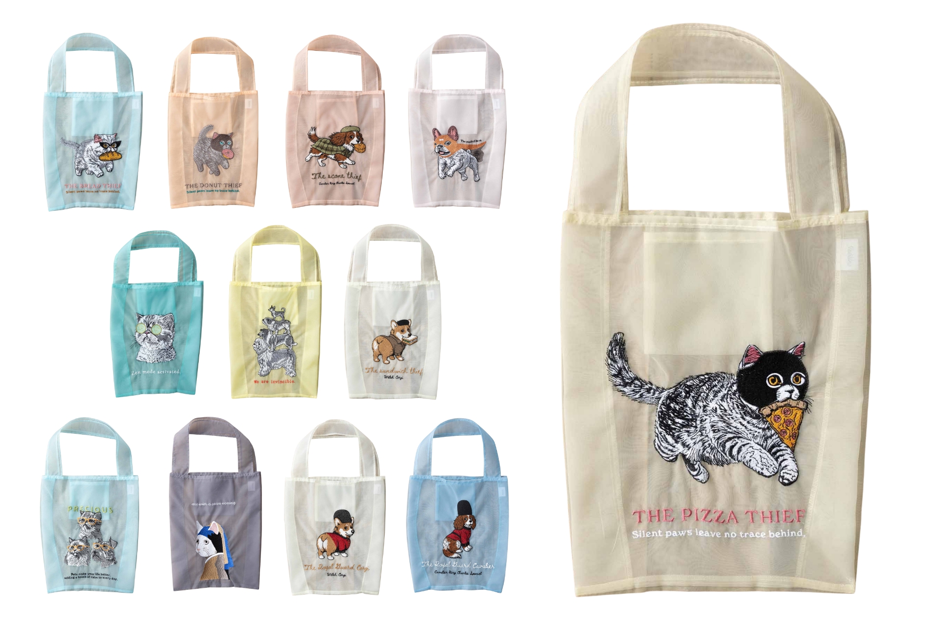 雑貨ブランド「Jubilee」から、透け感がおしゃれな刺繍バッグ登場。人気の“泥棒猫”など全12種類