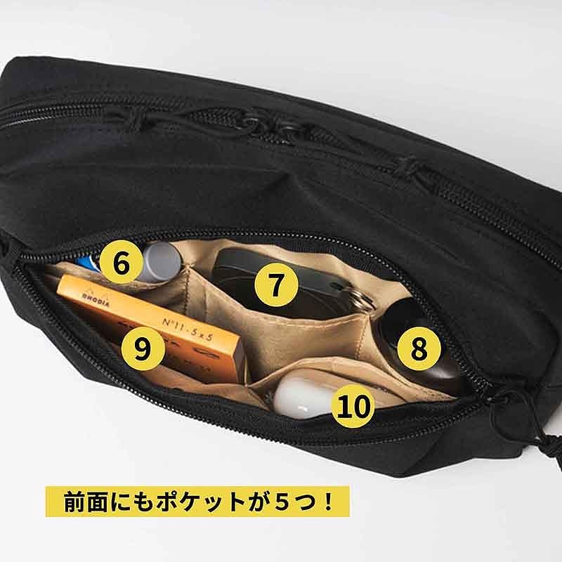大小10個の多機能ポケットを備え、メイン室には500mLのペットボトルも入る