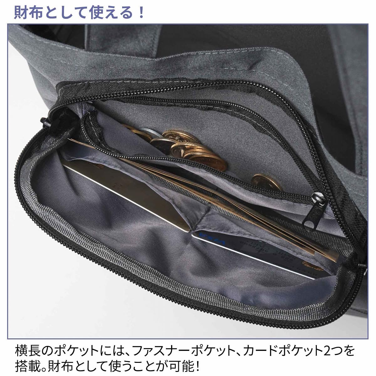 バッグ正面に搭載した3つの外ポケット。このうち横長ポケットはファスナーポケット＆カードポケットが付いた「お財布機能」となっている