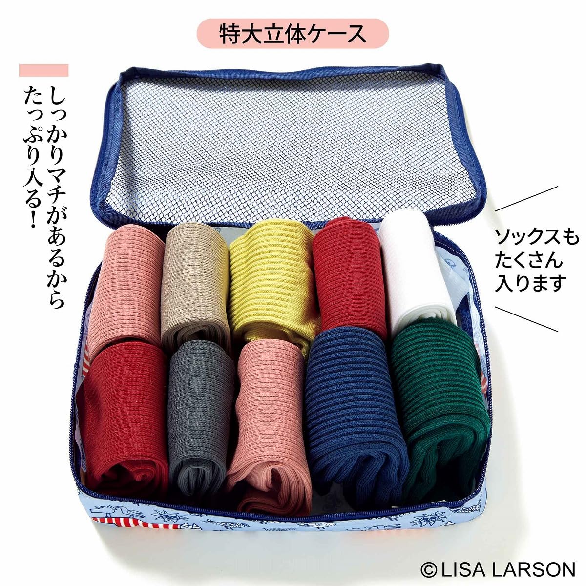 「特大立体ケース」はフタがメッシュ。サイズは約25×6×17.5cm（幅×奥行×高さ）。旅行の着替えやガジェット入れに