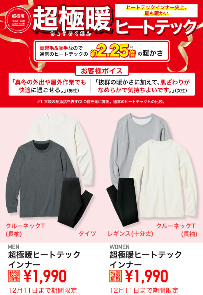 ユニクロ、超極暖ヒートテックが1000円引き。「防寒対策セール」12月11