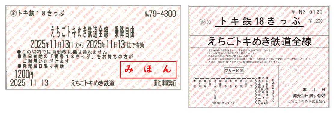 乗車券 駅窓口発売用（左）、車内販売用（右）