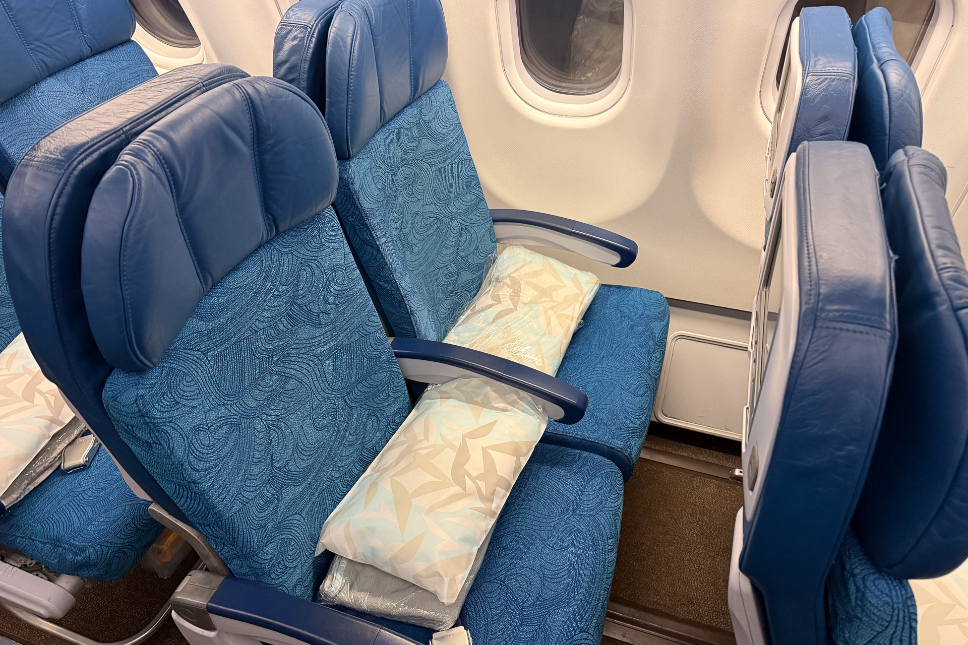 往路はエコノミークラス。機材のエアバス A330-200型機のエコノミーは2-4-2配列（後部は2-3-2配列）なので、窓側席でも通路に出やすい