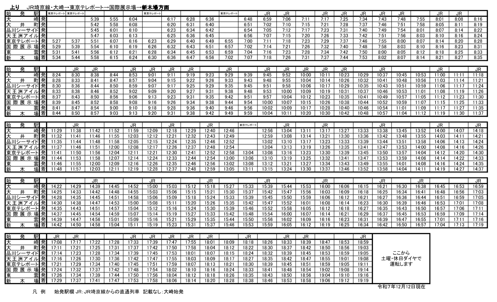 上り（新木場方面）の時刻表