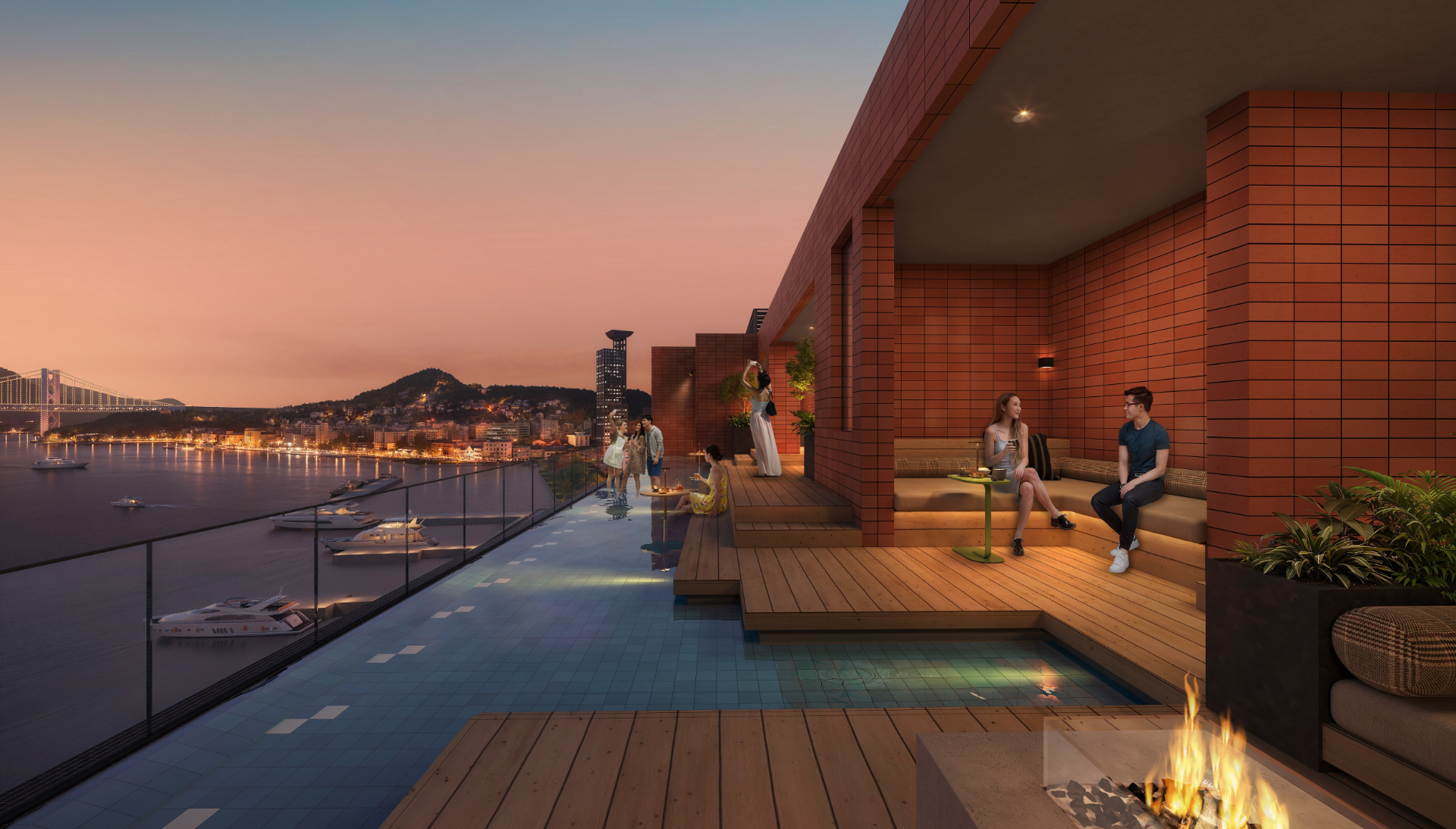 全室海峡ビューのホテル「BEB5門司港」が来夏開業。画像は絶景パブリックスペース「TAMARIBA」のイメージ