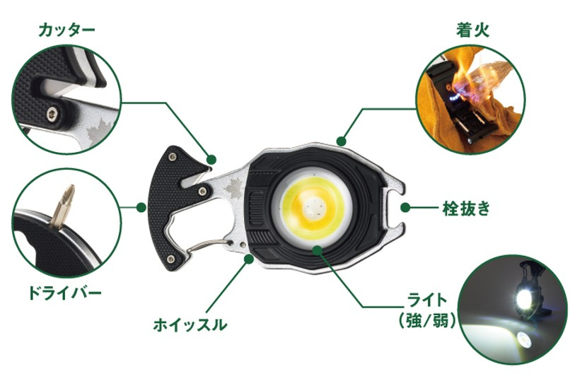 ライト、火おこし、ドライバー、カッター、栓抜き、ホイッスルの6つの機能をコンパクトに集約