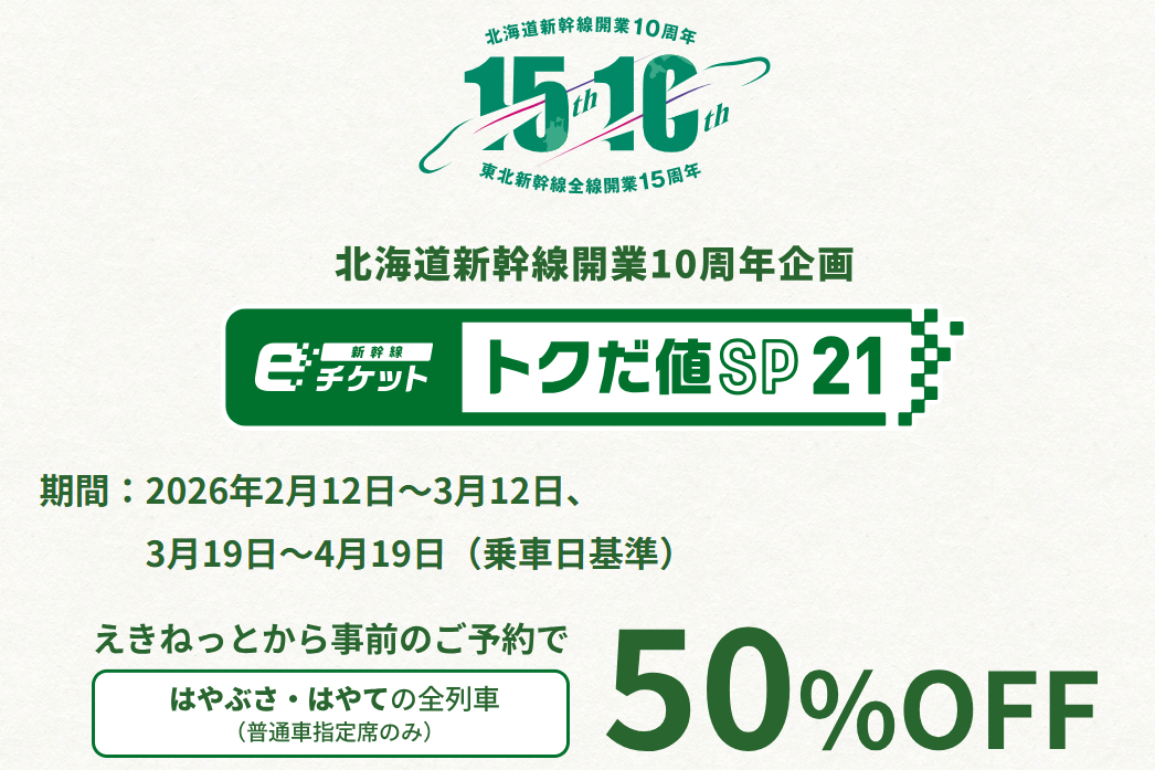 北海道新幹線「はやぶさ」「はやて」が期間限定で50％オフに