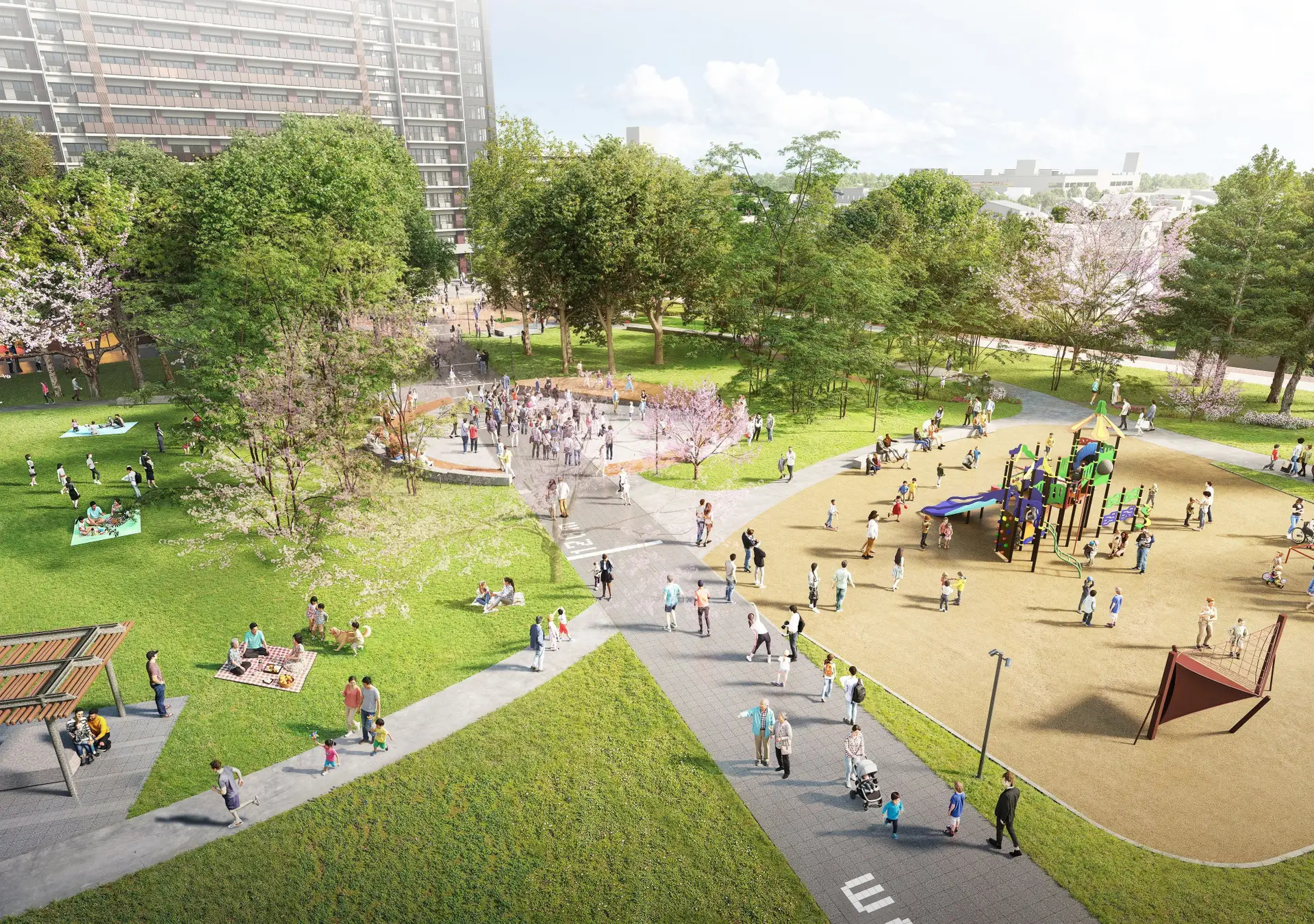 公園を横断する「PARK SPINE」とステージ広場