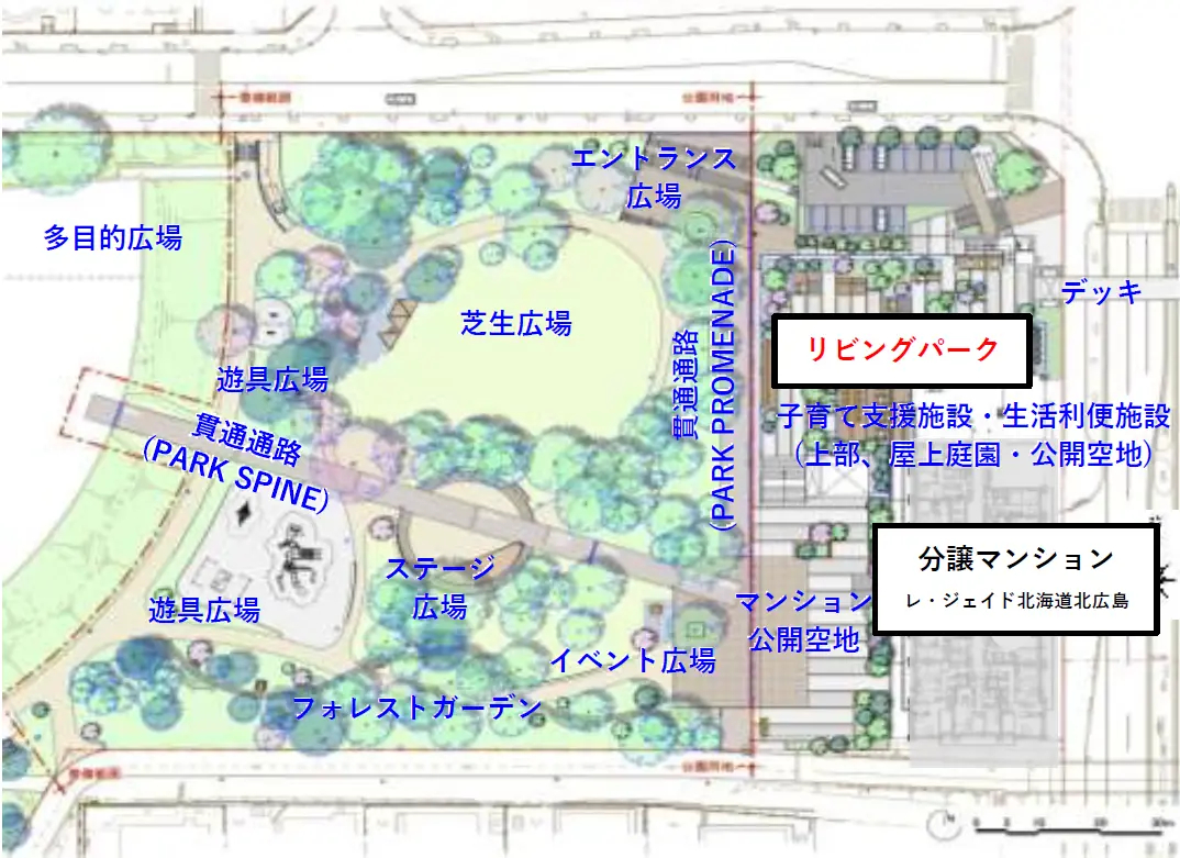 平面図。北広島駅は公園から約200m東側