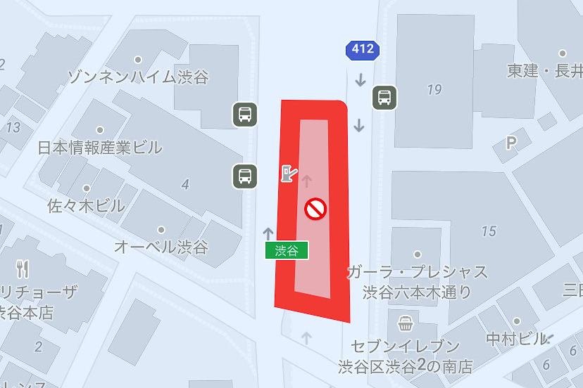 Limeアプリ上で見える渋谷入口の走行禁止範囲