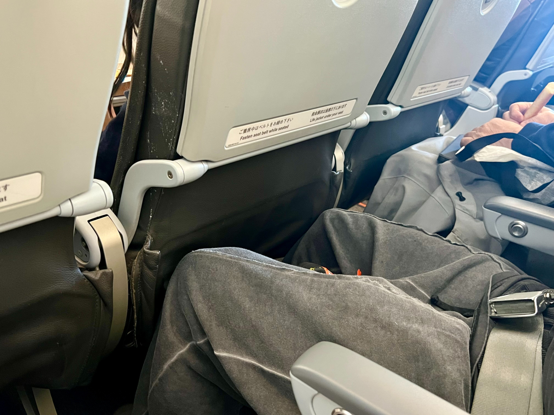 使用機材はエアバス A320型機。座席にUSBポートや電源はない。膝まわりが比較的狭いが、足元にゆとりはあり、リクライニングをフルに使えば窮屈さは軽減