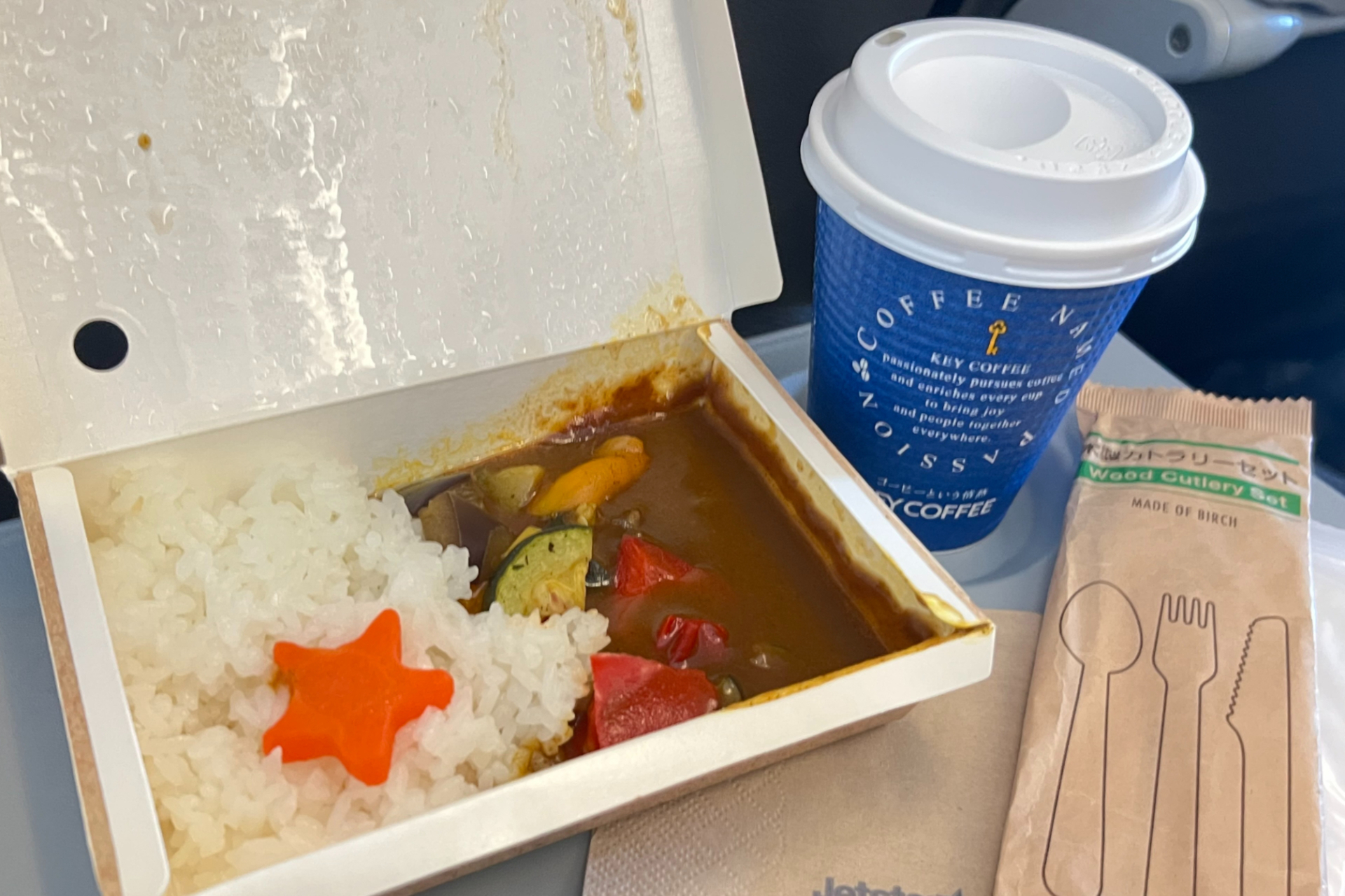 機内食の提供やドリンクのサービスはなく、別途有料で事前予約となる。写真は焼き野菜カレー（ドリンク付き）