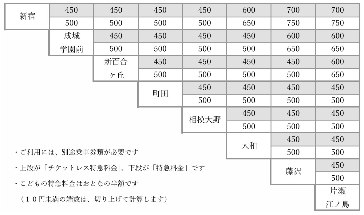 「ニューイヤーエクスプレス」の特急料金。下り列車が成城学園前駅に停車する以外は「えのしま」と同一