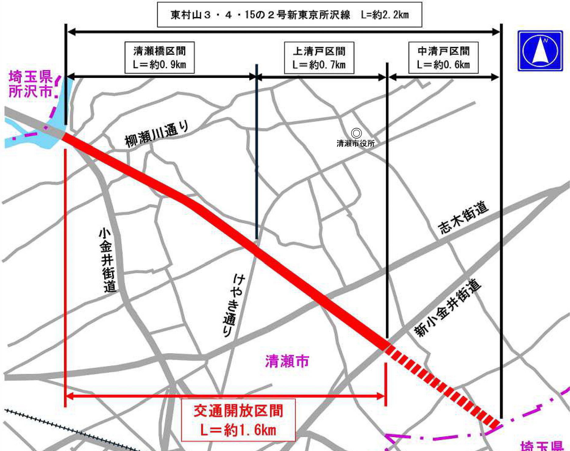 東村山3・4・15の2号新東京所沢線の約1.6kmが交通開放