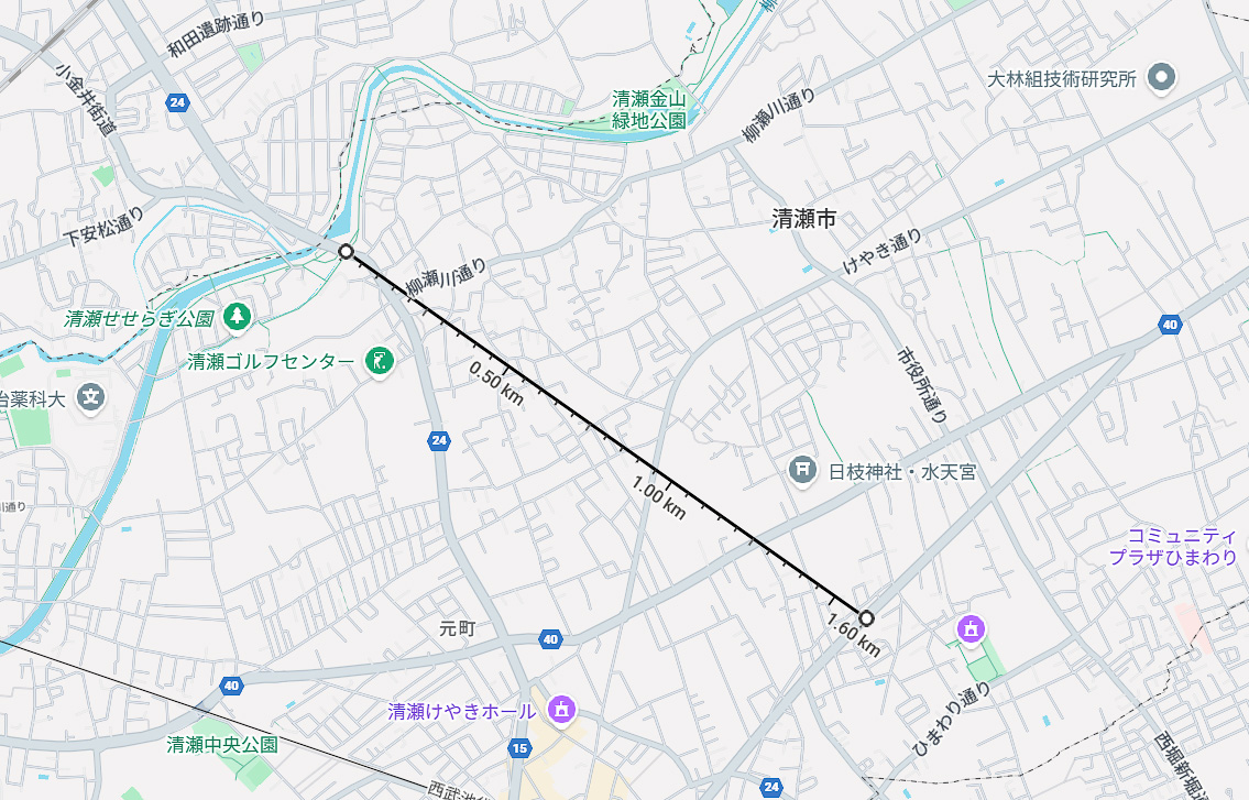 Googleマップで東村山3・4・15の2号新東京所沢線 清瀬橋区間と上清戸区間に線を引いた様子