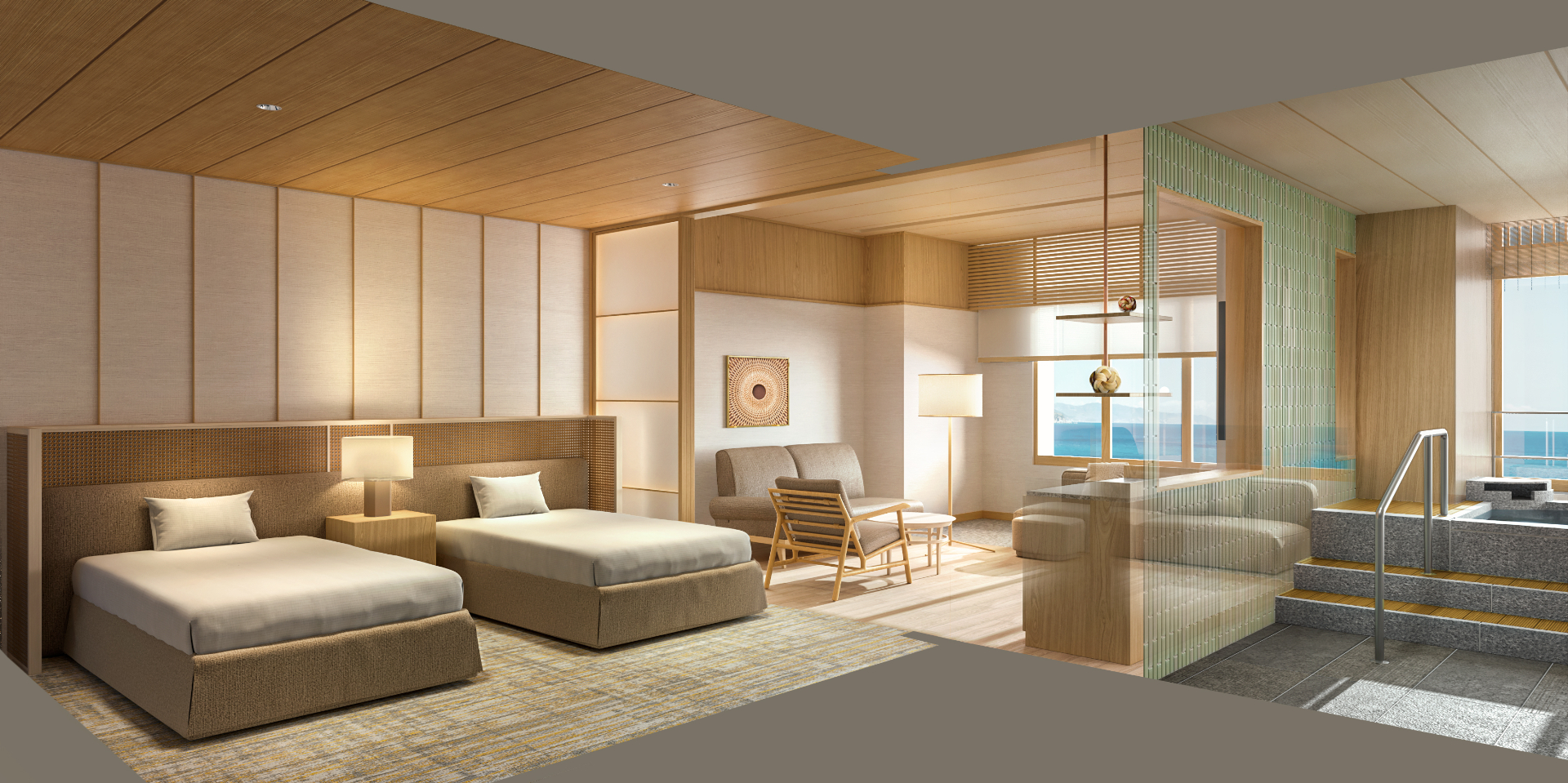 「亀の井ホテル 熱海 別館」がリニューアル。画像は、熱海湾を望む広さ77m<span class="em sup">2</span>の「露天風呂付客室」