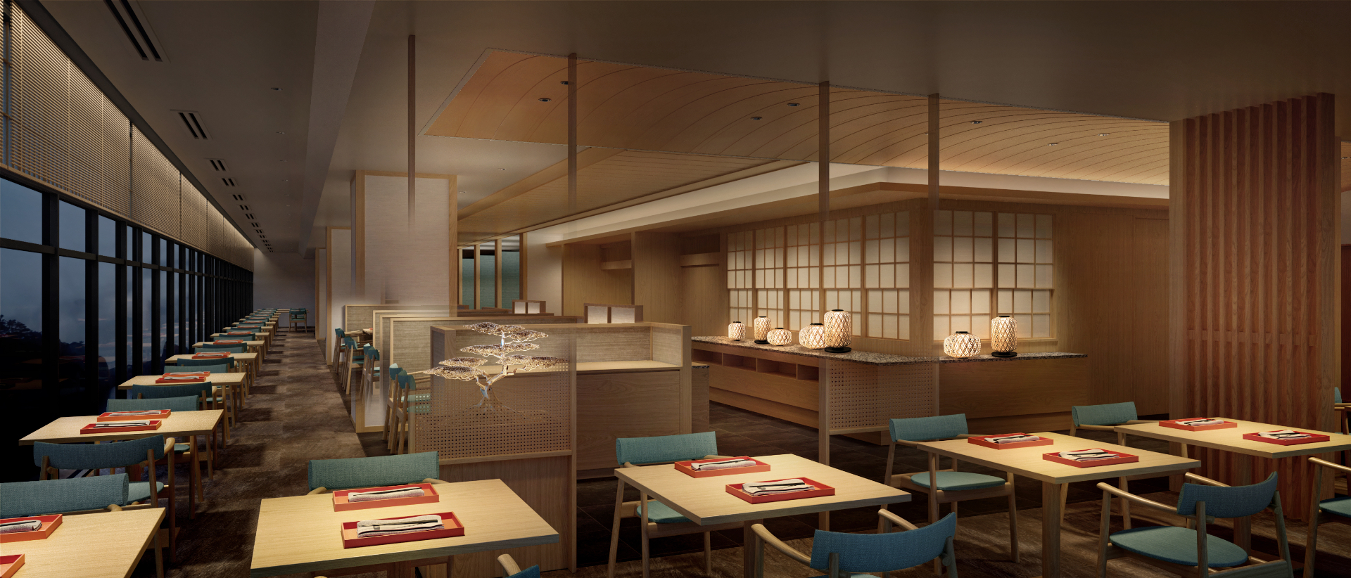 レストランもリニューアル。夜は落ち着いた雰囲気のなかで本格和食会席を提供