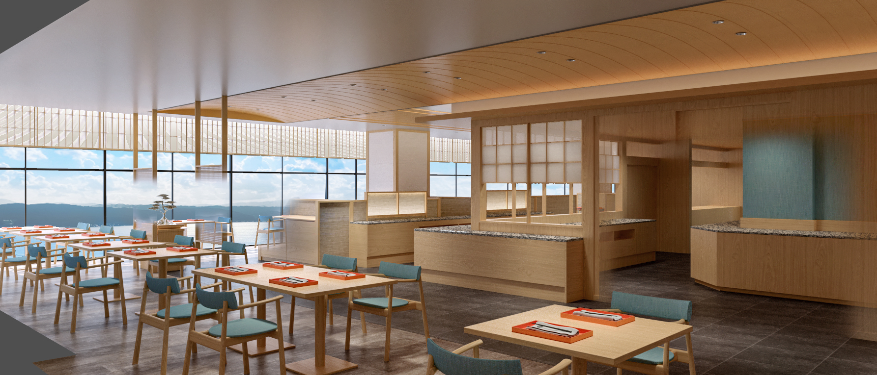 朝は熱海市街や相模湾を望む店内でビュッフェが楽しめる