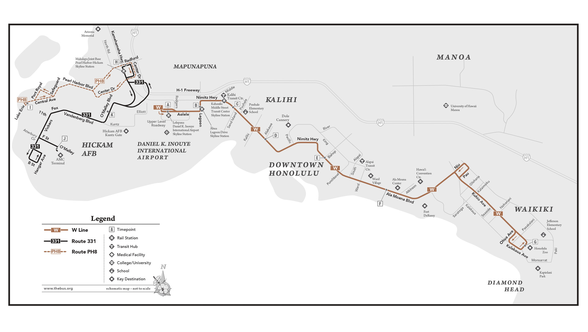 ホノルル空港とワイキキ市街を結ぶTheBus「Wライン」のルートマップ（クリックして拡大）