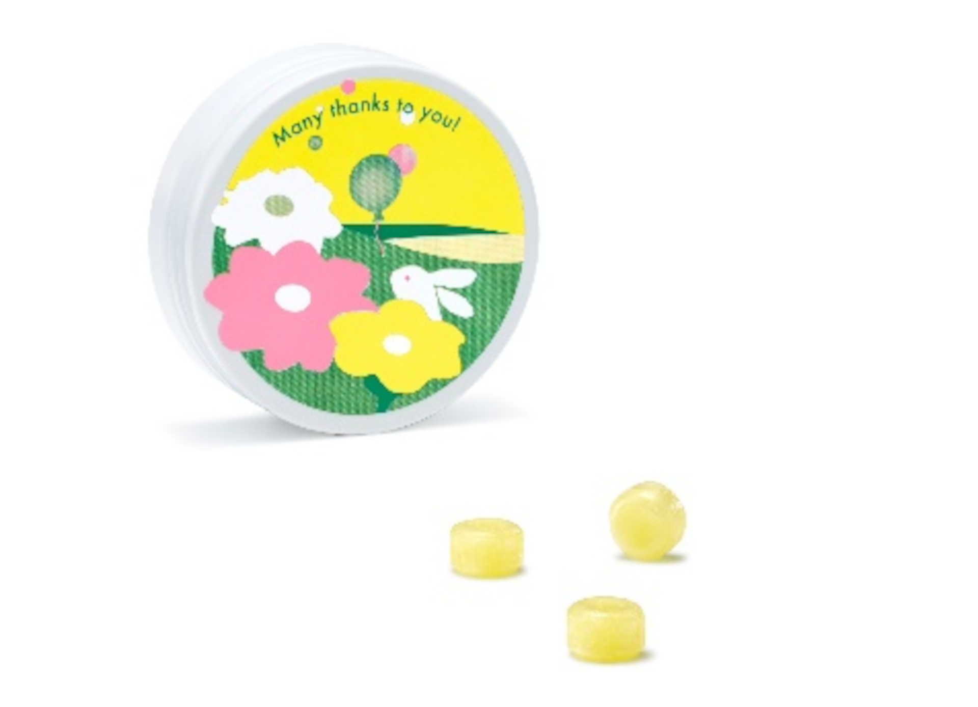 花やうさぎをあしらった春らしい限定デザインの小粒キャンディ缶「幸せの小さな缶」ハニーヨーグルト味
