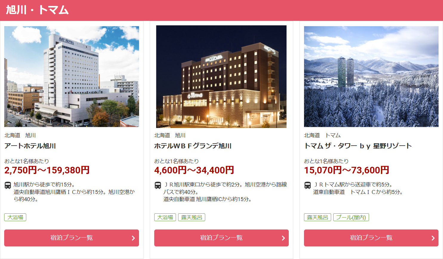 旭川・トマム（割引適用前の宿プラン一例）