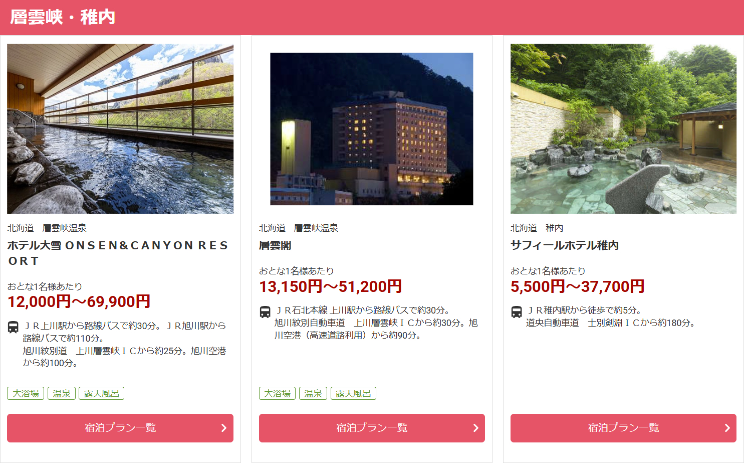 層雲峡・稚内（割引適用前の宿プラン一例）