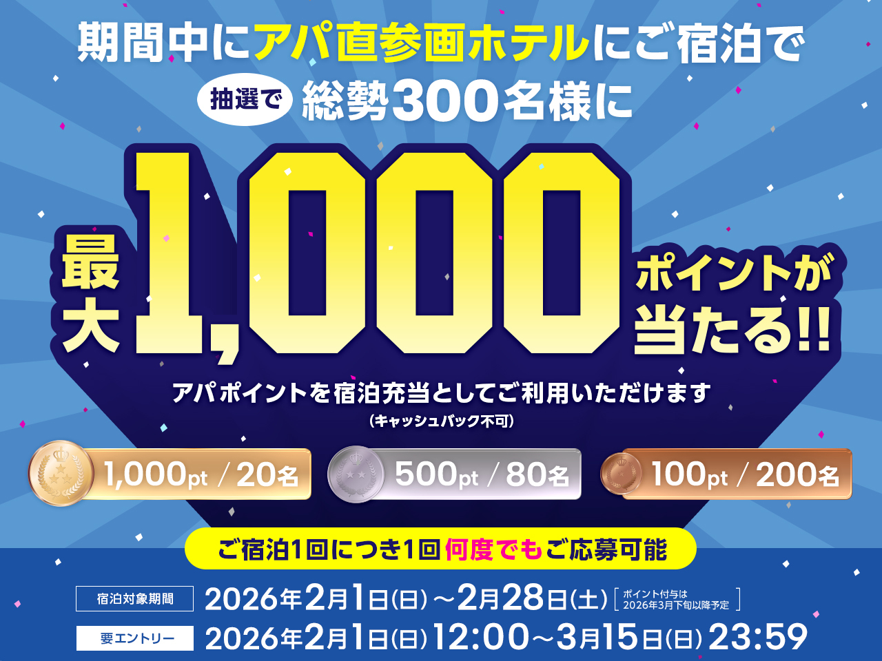 最大1000ポイントが当たる「アパ直参画ホテル宿泊者限定キャンペーン」実施